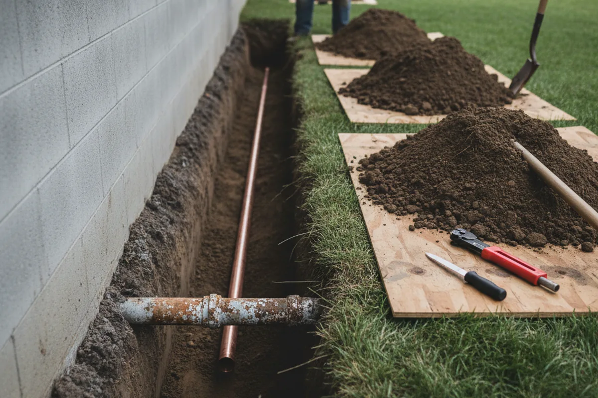 Excavated water line trench during Water Softener Installation in Falls Village